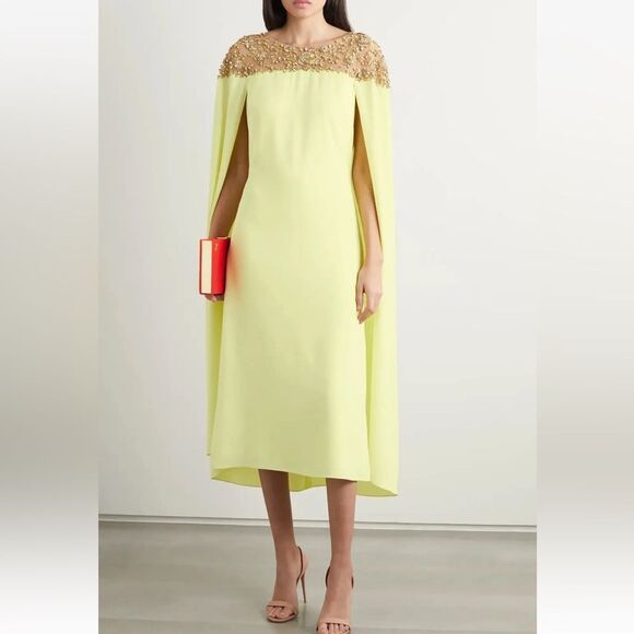 Marchesa Notte Yellow cape dress midi Gold Embellishments tulle evening $1700 4 - Picture 1 of 16